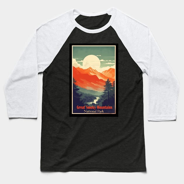 Great Smoky Mountains national park vintage travel poster Baseball T-Shirt by GreenMary Design